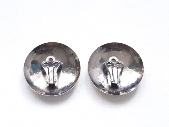 Large Silver tone Button Earrings, Round Disc Cli… - image 3