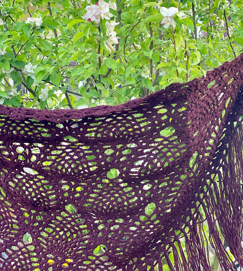 Large airy wrap. Boho fringe wrap Burgundy shawl Pineapple stitch triangle scarf