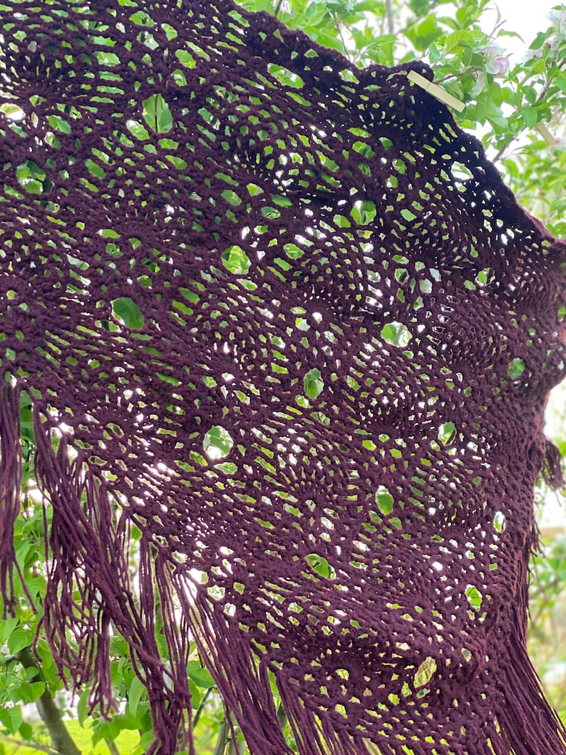 Large airy wrap. Boho fringe wrap Burgundy shawl Pineapple stitch triangle scarf