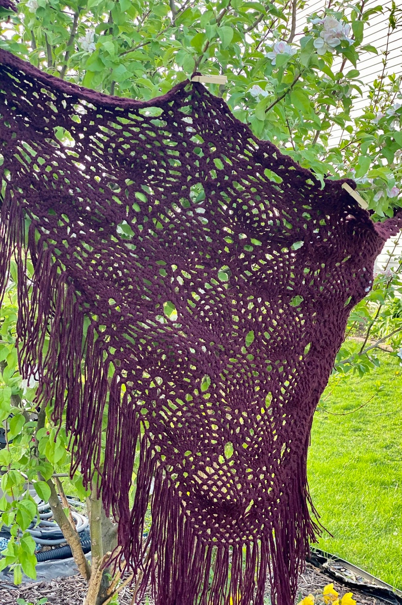 Large airy wrap. Boho fringe wrap Burgundy shawl Pineapple stitch triangle scarf