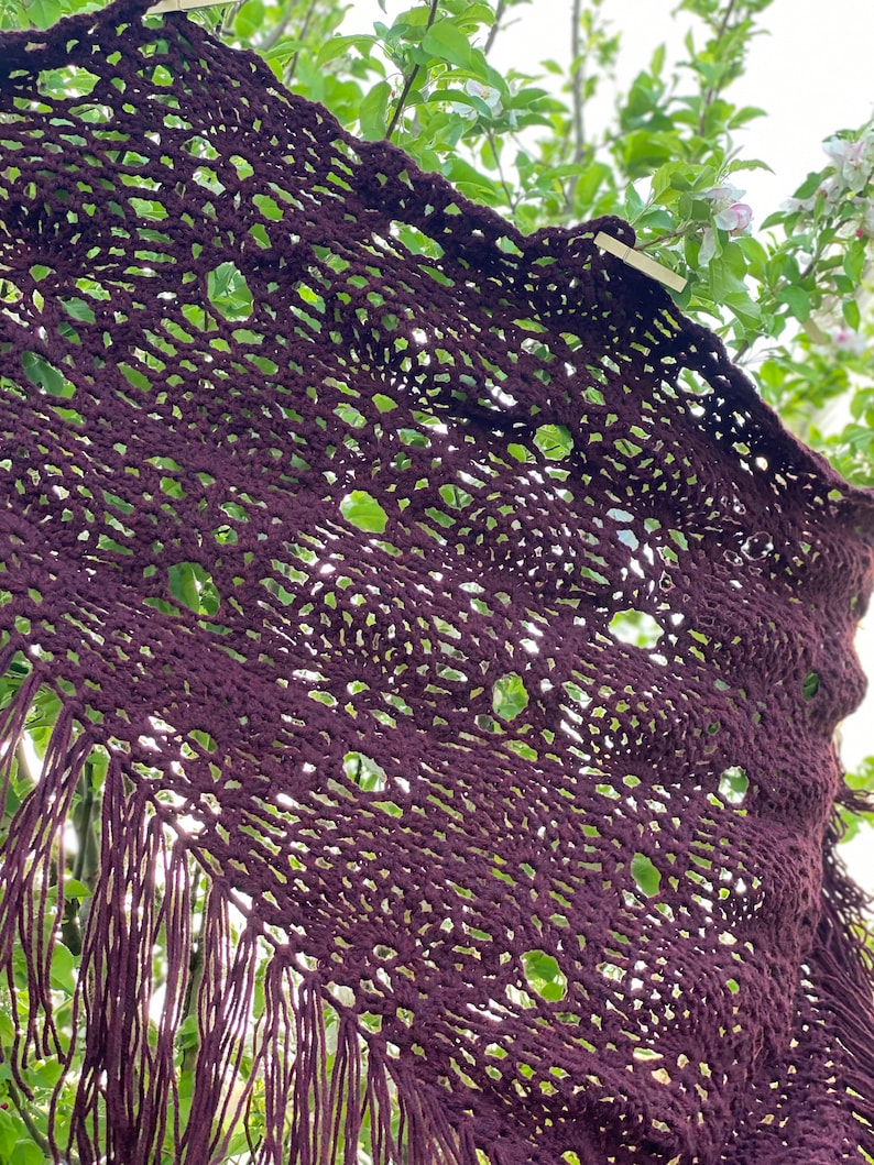 Large airy wrap. Boho fringe wrap Burgundy shawl Pineapple stitch triangle scarf