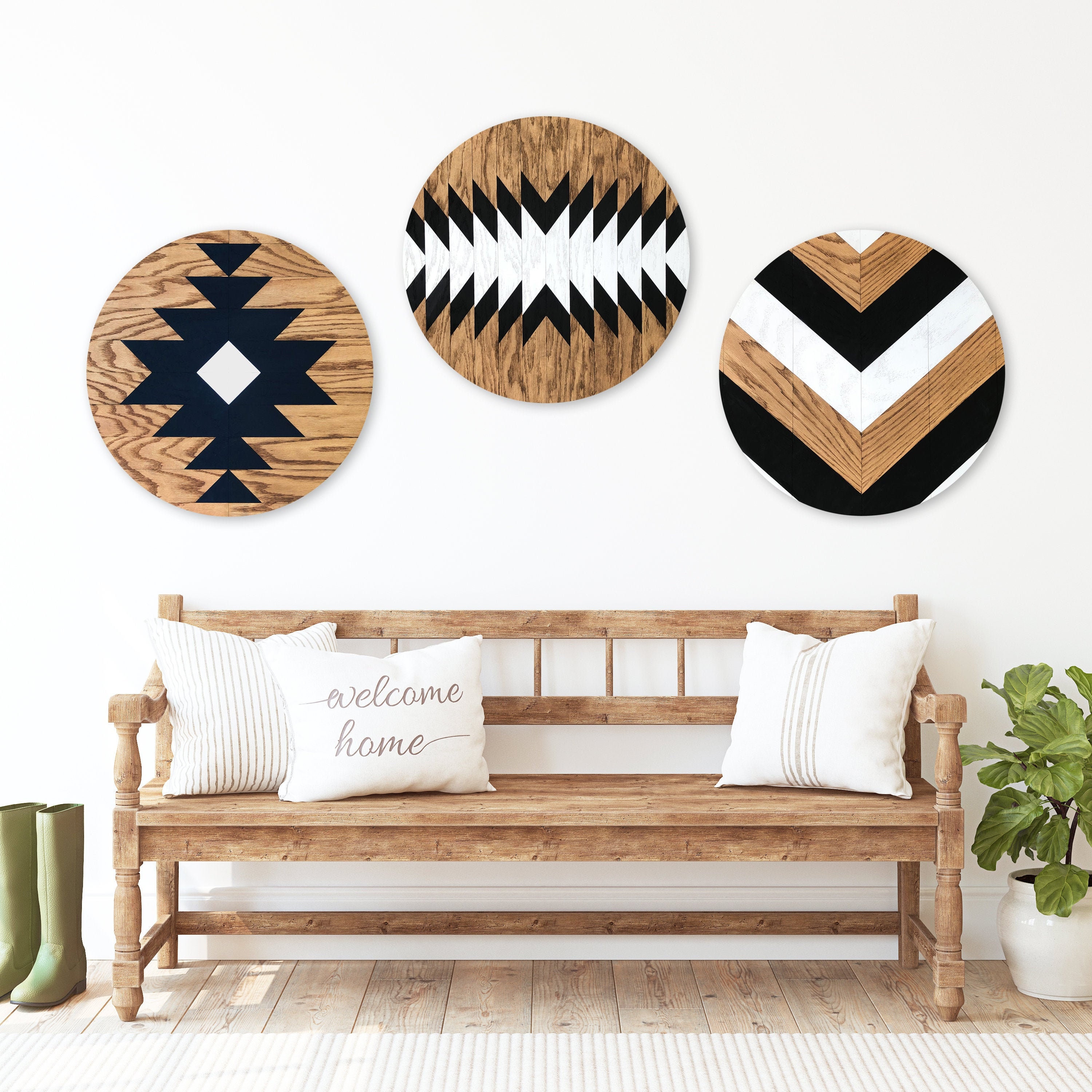 Set of 3 Round Wood Sign Round Wood Wall Art Aztec Wood Wall Etsy