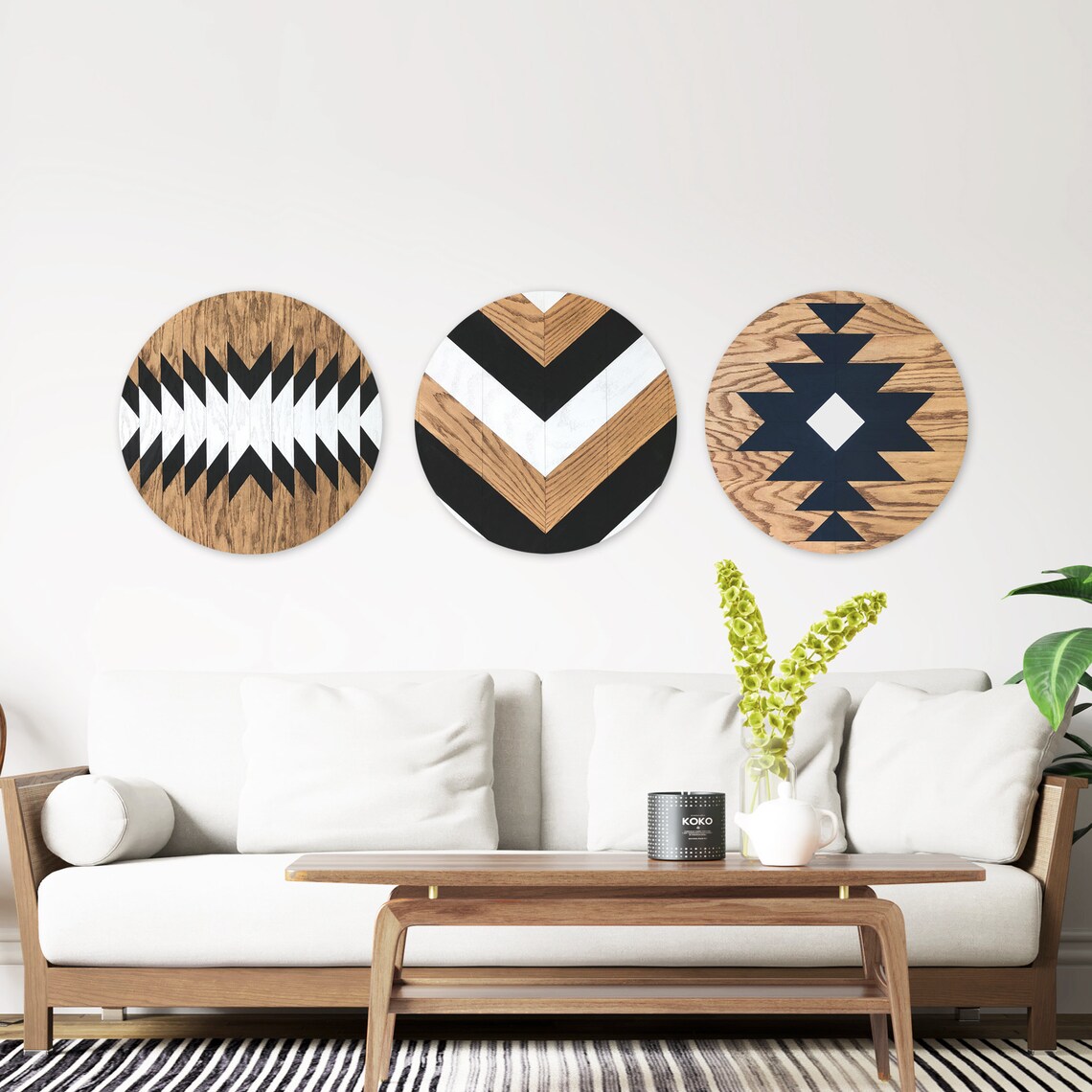 Set of 3 Round Wood Sign Round Wood Wall Art Aztec Wood Wall Etsy