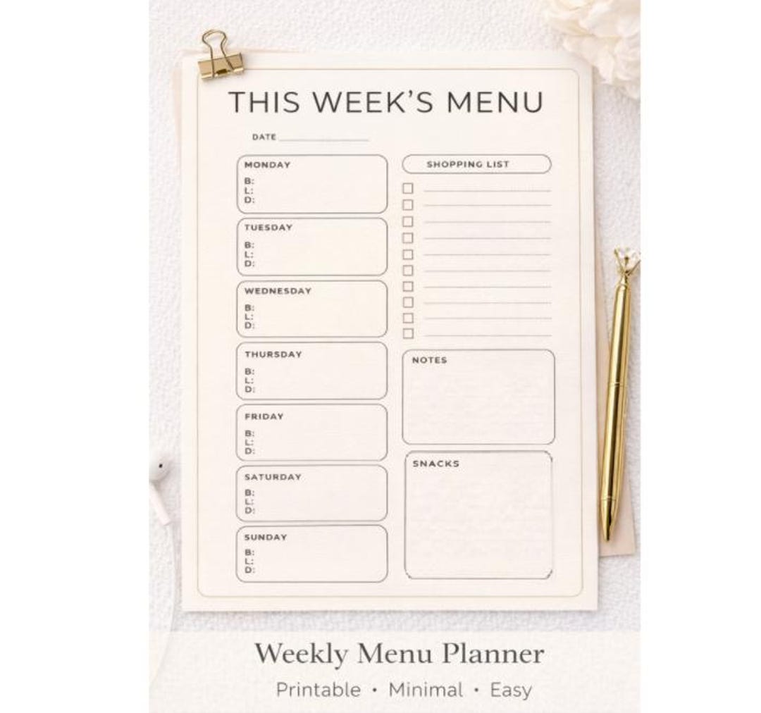 Minimal Weekly Menu Planner Printable | Meal & Grocery List - Etsy