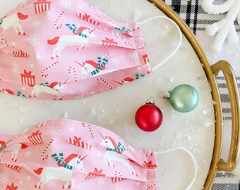 Christmas Unicorns Face Mask / 100% cotton / 3 Layers / Pellon Interfacing / Reusable / Elastic straps / USA / Spoonflower