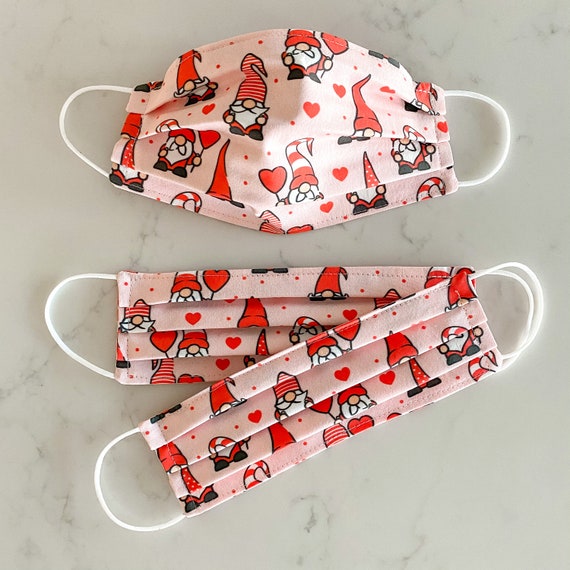 Custom Sizing / Valentine Gnome Face Mask / 100% cotton / 3 Layers / Pellon Interfacing / Elastic straps / Made in USA / Spoonflower Fabric