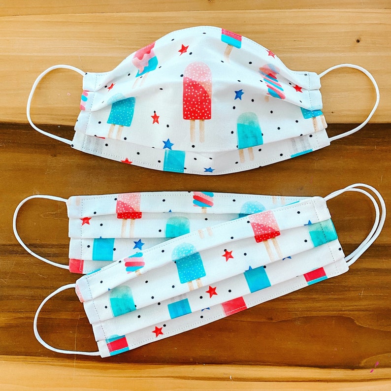 Custom Sizing / Flag Cupcakes Face Mask / 100% cotton / Pellon Interfacing / Washable / Reusable / Elastic straps / Made in USA Summer Popsicles