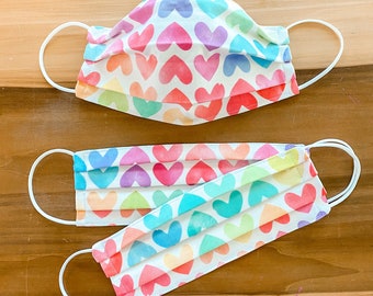 Custom Sizing / Rainbow Hearts Face Mask / 100% cotton / 3 Layers / Pellon Interfacing / Reusable / Elastic straps / USA / Spoonflower