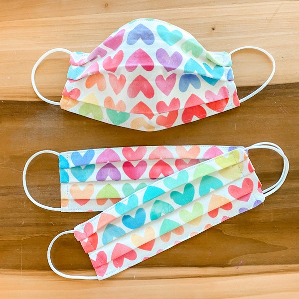 Custom Sizing / Rainbow Hearts Face Mask / 100% cotton / 3 Layers / Pellon Interfacing / Reusable / Elastic straps / USA / Spoonflower