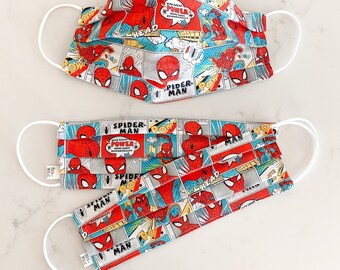 Dimensionnement personnalisé / Masque facial Spider-Man Kids / 100% coton / 3 couches / Interfaçage pellon / Lavable / Réutilisable / Bracelets élastiques / Fabriqué aux États-Unis
