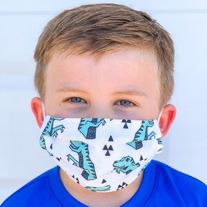 May include: A white face mask with a repeating pattern of green dinosaurs and black triangles. The mask is pleated and has elastic ear loops.