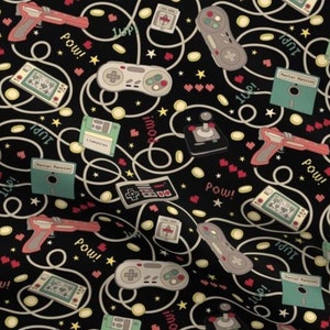 May include: A black background with a repeating pattern of retro video game controllers, game cartridges, and pixelated hearts. The pattern also includes the words "Pow!" and "1Up!" in a pixelated font.