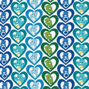 May include: A repeating pattern featuring Care Bears within heart-shaped frames. The bears are in shades of blue and green, set against a white background. The hearts are in various shades of blue and green. The bears are in different poses.