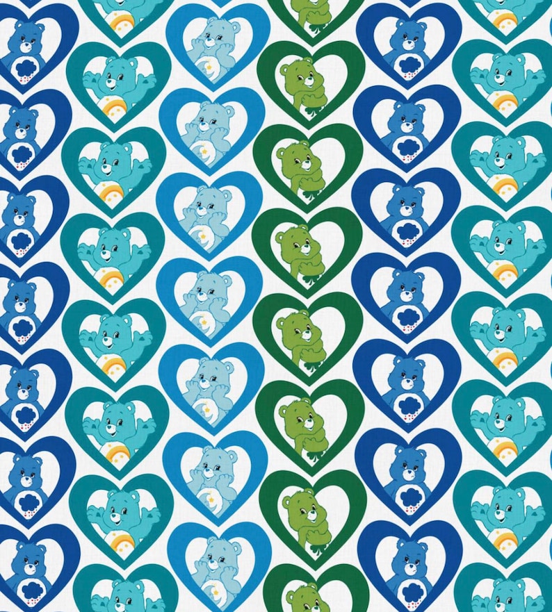 May include: A repeating pattern featuring Care Bears within heart-shaped frames. The bears are in shades of blue and green, set against a white background. The hearts are in various shades of blue and green. The bears are in different poses.