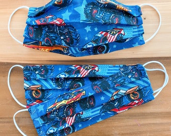 Monster Trucks Kids Face Mask / 100% cotton / Pellon Interfacing / Washable / Reusable / Elastic straps / Made in USA
