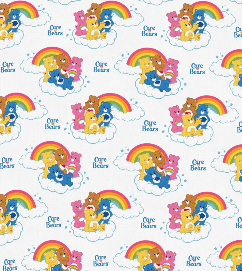 May include: A repeating pattern featuring Care Bears, rainbows, and clouds on a white background. The bears are in various colors, including yellow, blue, pink, and brown. The text "Care Bears" is also present.