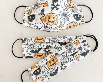 Mascarilla facial con dibujos de Halloween / 100 % algodón / 3 capas / Entretela de pellón / Tiras elásticas / Tela Spoonflower / EE. UU.