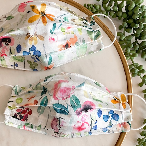 SATIN Wildflower Meadow Face Mask / 3 Layers / Pellon Interfacing / Elastic straps / Made in USA / Spoonflower Fabric
