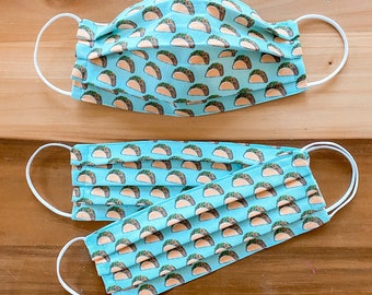Custom Sizing / TACOS Face Mask / 100% cotton / 3 Layers / Pellon Interfacing / Elastic straps / USA / Spoonflower Fabric