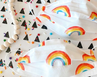 Watercolor Rainbow Face Mask / 100% cotton / 3 Layers / Pellon Interfacing / Elastic straps / USA / Spoonflower Fabric