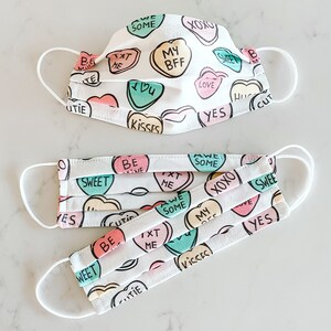 Conversation Hearts Face Mask / 100% cotton / 3 Layers / Pellon Interfacing / Elastic straps / Made in USA / Spoonflower