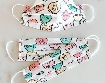 Conversation Hearts Face Mask / 100% cotton / 3 Layers / Pellon Interfacing / Elastic straps / Made in USA / Spoonflower