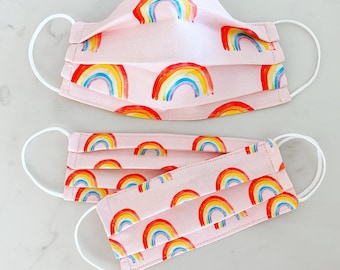 PINK Watercolor Rainbow Face Mask / 100% cotton / 3 Layers / Pellon Interfacing / Elastic straps / USA / Spoonflower Fabric