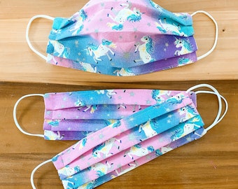 UNICORNS Kids Face Mask / 100% cotton / Pellon Interfacing / Washable / Reusable / Elastic straps / Made in USA