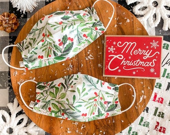 Custom Sizing / Mistletoe Holly Floral Face Mask / 100% cotton / 3 Layers / Pellon Interfacing / Elastic straps / Made in USA / Spoonflower