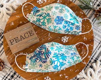 Watercolor Snowflakes Face Mask / 100% cotton / 3 Layers / Pellon Interfacing / Reusable / Elastic straps / Made in USA