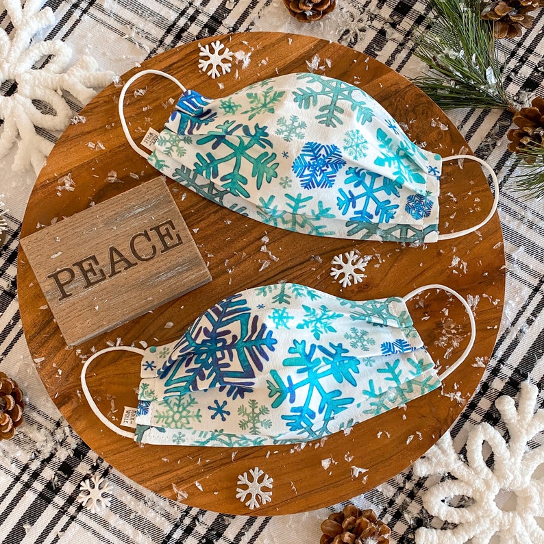 Watercolor Snowflakes Face Mask / 100% cotton / 3 Layers / Pellon Interfacing / Reusable / Elastic straps / Made in USA image 1