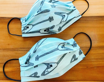 Guitar Flying V Face Mask / 100% cotton / 3 Layers / Pellon Interfacing / Elastic straps / Made in USA / Spoonflower