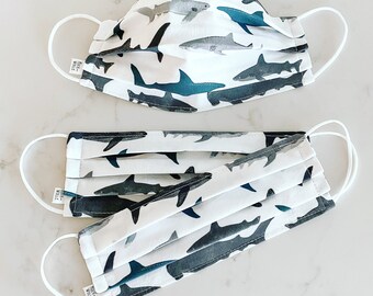 SHARK Face Mask / 100% cotton / 3 Layers / Pellon Interfacing / Washable / Elastic straps / Made in USA / Spoonflower Fabric
