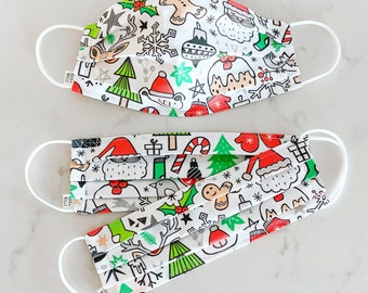 Christmas Doodles Face Mask / 100% cotton / 3 Layers / Pellon Interfacing / Reusable / Elastic straps / USA / Spoonflower