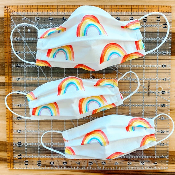 Custom Sizing / Watercolor Rainbow Face Mask / 100% cotton / 3 Layers / Pellon Interfacing / Elastic straps / USA / Spoonflower Fabric