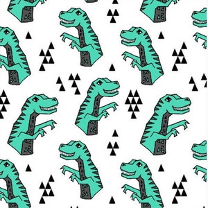 May include: A seamless pattern featuring teal green dinosaurs with black outlines and black triangle shapes on a white background.