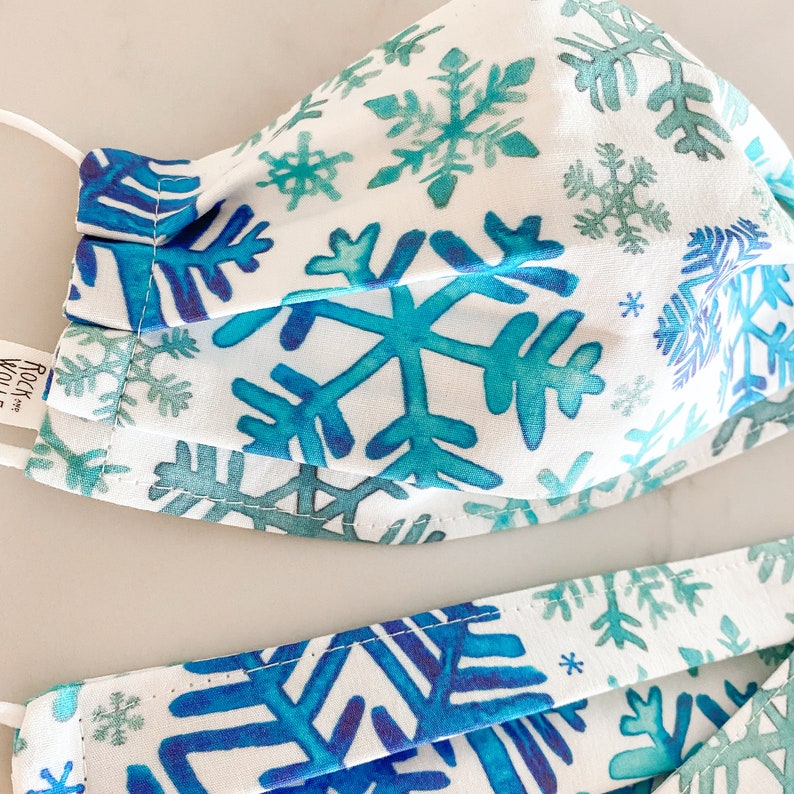 Watercolor Snowflakes Face Mask / 100% cotton / 3 Layers / Pellon Interfacing / Reusable / Elastic straps / Made in USA image 3