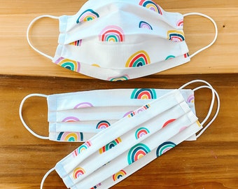Custom Sizing / Rainbow Face Mask / 100% cotton / 3 Layers / Pellon Interfacing / Elastic straps / Made in USA / Spoonflower Fabric