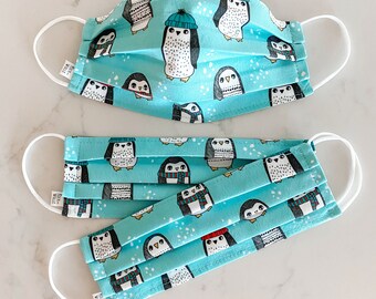 Winter Penguin Face Mask / 100% cotton / 3 Layers / Pellon Interfacing / Elastic straps / USA / Spoonflower