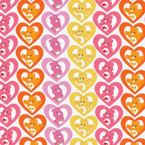 May include: A repeating pattern featuring Care Bears in various colors, each enclosed within a heart-shaped frame. The bears are in shades of pink, orange, and yellow, with white backgrounds. Some bears hold flowers, rainbows, or hearts.