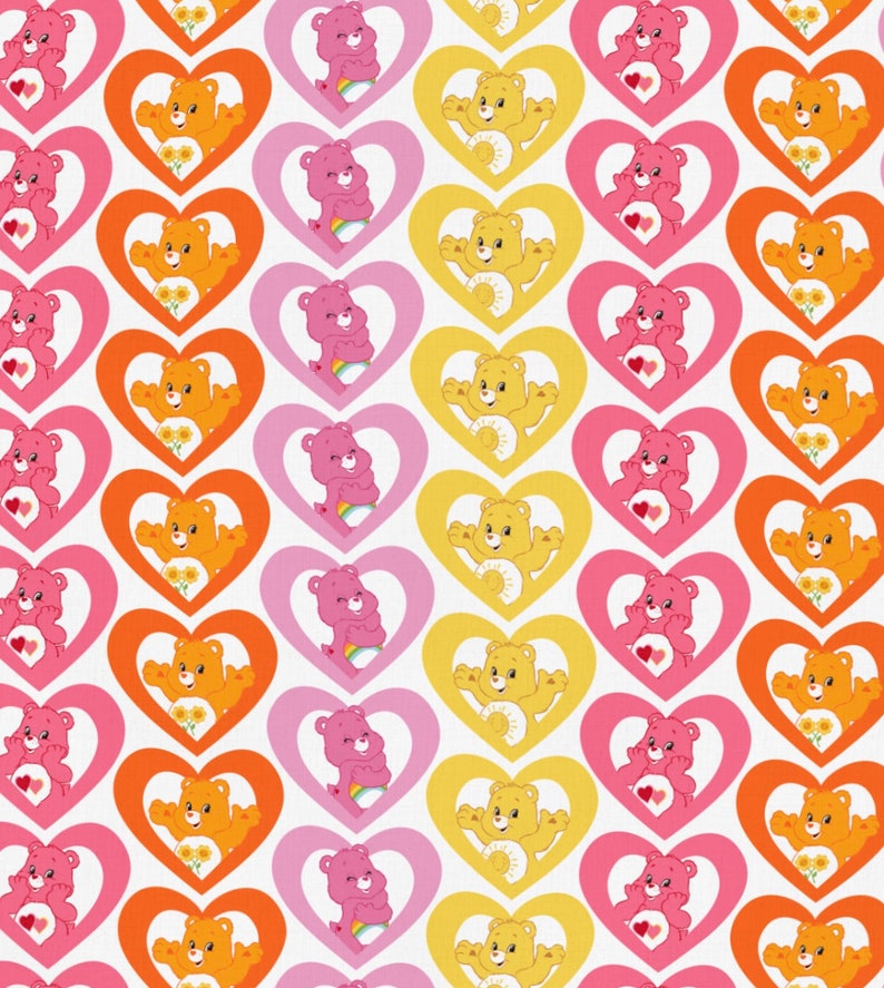 May include: A repeating pattern featuring Care Bears in various colors, each enclosed within a heart-shaped frame. The bears are in shades of pink, orange, and yellow, with white backgrounds. Some bears hold flowers, rainbows, or hearts.