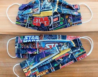 Mascarilla facial con diseño de cómics de STAR WARS / 100 % algodón / 3 capas / Entretela de pellón / Correas elásticas / Fabricada en EE. UU.
