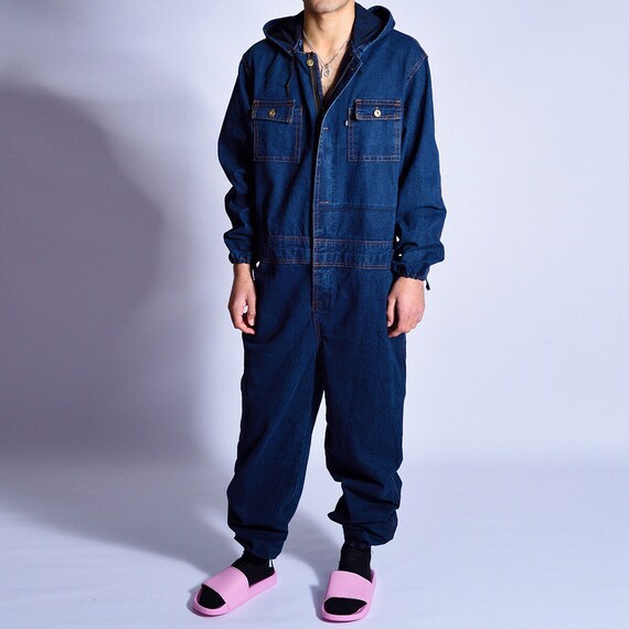 DENIM HOODED vintage boiler mechanic suit onesie S