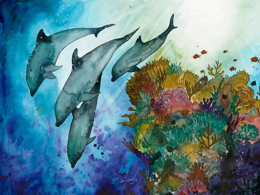 PAPER PRINT Bottlenose Dolphins Watercolour Print - Etsy