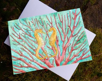 Kissing seahorses and pink coral blank greeting Card 5 x 7