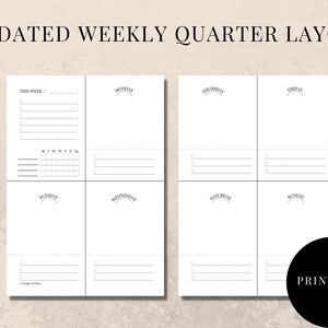 May include: A printable undated weekly quarter layout planner page. The page is white with sections for each day of the week, a calendar, and a section for the week's tasks. The text "UNDATED WEEKLY QUARTER LAYOUT" is at the top.