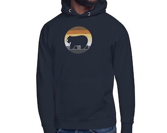 Sudadera con capucha retro Bear Pride: estampado de atardecer, ropa de calle acogedora