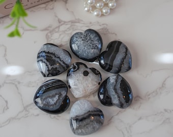 Black Agate Heart Palm Carvings | Polished Crystal | Hand Selected | Stunning Colorful Mineral Quartz Inclusion | You Pick!