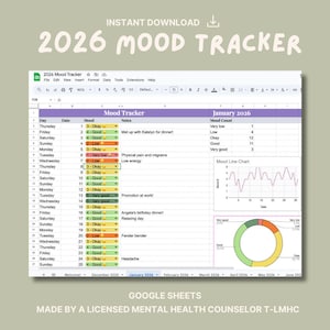 May include: Digital 2026 mood tracker spreadsheet. The spreadsheet is in Google Sheets and includes a mood line chart and a pie chart. The text "2026 Mood Tracker" is at the top. The document is made by a licensed mental health counsellor.