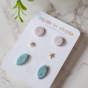 Polymer Clay Earrings | Stud Pack of 3 | Beach Shell Seahorse Sea Star Fish | Neutral | Gold | Texture | Blue